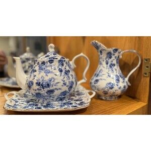 Vintage Blue Rose Pattern London Pottery China 3 Piece Teapot Set